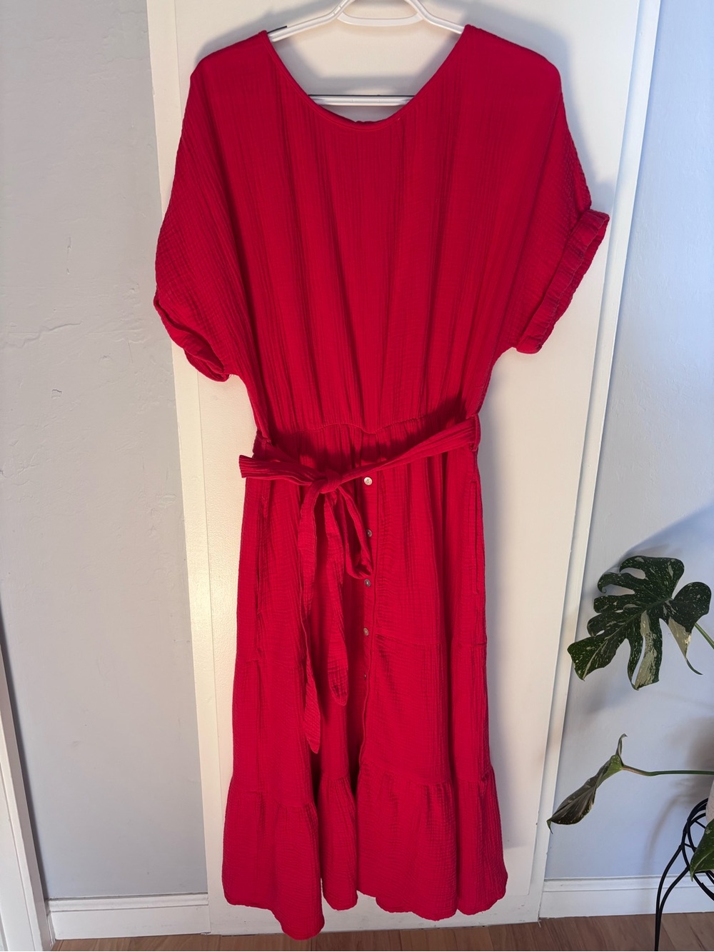 Magaschoni Organic Cotton Gauze Red Tie Midi Dress